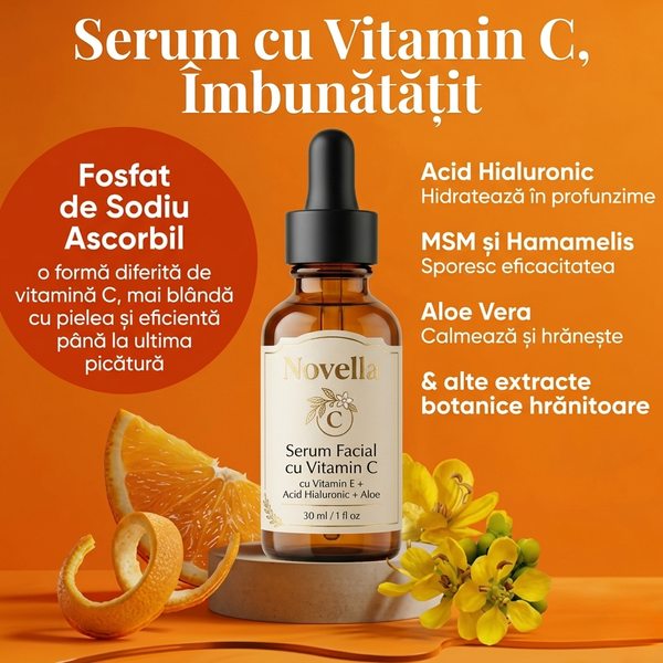 Ser Facial Novella cu Vitamina C, Acid Hialuronic și Vitamină E